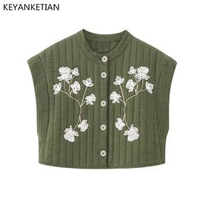 Camis keyanketian novo bordado floral curto acolchoado colete feminino estilo retro único breasted exército verde sem mangas casaco fino