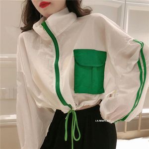 Anzüge 2022 Frühling Sommer Frauen Casual Lose Tasche Farbe Kontrast Batwing Hülse Kordelzug Zipper Kurzen Mantel Jacke