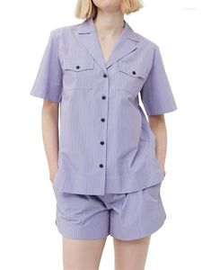 Women's Tracksuits 2023 Women Striped Purple Blouse Or Shorts Set Ladies Notched Collar Single-Breasted Shirt Elastic Casual Short Pants