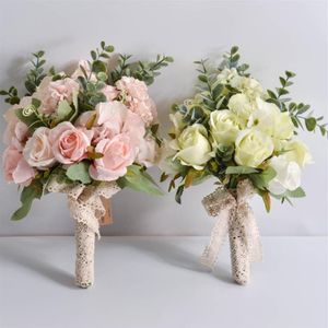 Brudblomma hand bukett falska rosor silke eukalyptus hortensia konstgjorda växter bröllop dekoration buketter dekorativa blommor 334v