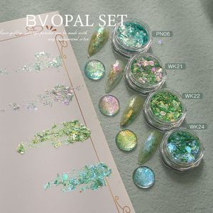 Nail Glitter HNDO Green Color 4 PCS Set Opal Powder Art Decoration Flakes Irisent Pigment Dust for Manicure Design 230714