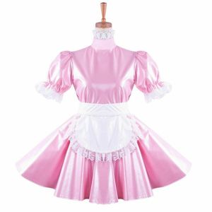 Pink Pearl Leather Sissy Maid Dress Halloween Cosplay Costume294i