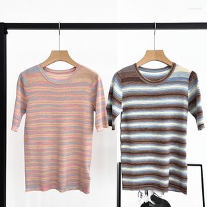 Suéteres Masculinos Naizaiga Lã Merino Gola O Manga Curta Fino Rosa Azul Listrado Suéter Feminino NY140