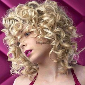 Syntetiska peruker Kvinnor Curly Blonde Syntetisk peruk med Bangs Glueless Short Afro Kinky Curly Wig Kvinnlig värmebeständig African Fluffy Wave Hair X0715