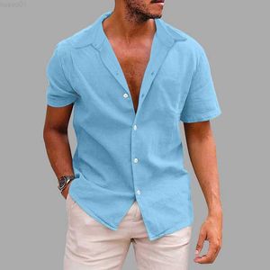 Mäns casual skjortor fritid ren färg lösa linnor herrskjortor kort ärm knappa knappar lapel casual skjorta toppar nya sommar män kläder strandstil topps l230715