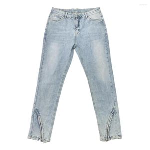 Męskie dżinsy zip kostka szczupła rozciągająca jeansowa niebieska vintage umyta jogger menue streetwear