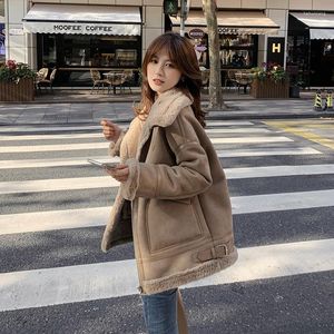 Women's Fur Faux Lamb Wool Coat Women Winter Motorcycle Jackets Ladies Leather Lined Fashion Streetwear Cute Pink Jacket