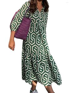 Sukienki swobodne kobiety S vintage boho kwiatowa sukienka maxi z geometrycznym nadrukiem Lowdy huśtawkowy guzik z długim rękawem w dół luźna koszula