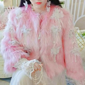 Women's Fur Luxury Pearls Beading Tassels Imitation Coat 3D Flowers Diamond Fringed Faux Mink Bomber Jacket Winter Flocking Cardigan