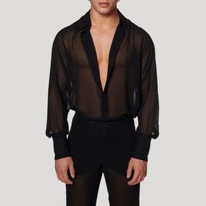 Magliette da uomo Maglia Camicia da uomo Risvolto Vedere attraverso Bottone sexy ed elegante 2023 Manica lunga Trasparente Party Nightclub Taglia EU M 2XL 230715