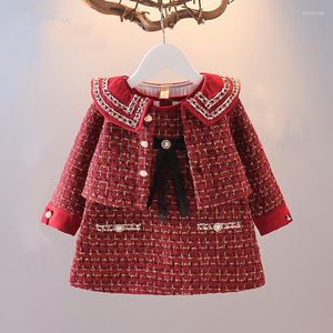 Clothing Sets Years Long Sleeve Coat A-line Dress 2pcs Set Cute Plaid Outfits Born Costumes For Girls 2023 Spring Autume Kids