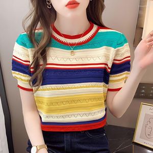 Maglioni da uomo Summer Thin Striped Knit Colour Pullover Maglione da donna Moda casual T-shirt larghe T-shirt manica corta O-Collo Maglieria da donna