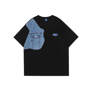 High street denim skarvad rund hals kort ärm t-shirt män gata trend lös casual personlighet t-shirt