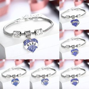 Charm Bracelets Blue Crystal Heart Charms NANA Mãe Irmã Avó Professora Família Amiga Pulseira Presentes para o Dia dos Professores das Mães