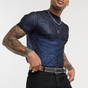 Magliette da uomo Camicia sexy in pizzo Top Trasparente Stretto girocollo Manica corta Filato Club Party Night Style Tee