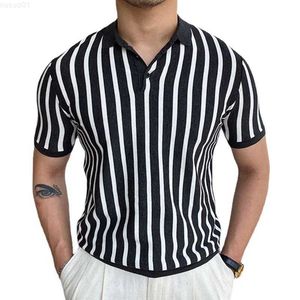 Men's T-Shirts New Men Striped Knit Polo Shirt Short Sleeve Male Knitted Top Summer Japanese Korean Style Fashion Business Polo Shirts For Men L230715