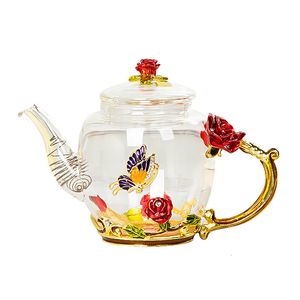 Water Bottles Red rose Enamel Crystal Flower Glass Teapot for and Cold Drinks Home Drinkware Office water kettle Tea set coffee pot 230715