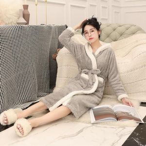 Women's Sleepwear H5706 Women Flannel Robes Lady Winter Hooded Cute Long Sleeve Nightgown Plus Velvet Bathrobe Sweet Home Clothing Suit