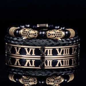 Conjunto de luxo Pulseiras masculinas Dupla cabeça de leopardo Esmalte feito à mão com algarismos romanos Bangles Corda Fivela Contas de pedra Jóias