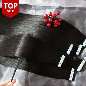 Gerade Tape-in-Haarverlängerungen, Echthaar, unverarbeitetes brasilianisches, malaysisches, indisches Jungfrau-Haar, natürliche schwarze Farbe