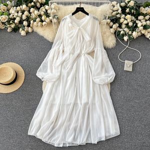 Sukienki swobodne moda letnia biała tulle sukienka francuski elegancki koronkowy latarnia pełna rękaw chude solidny kolor prosty kobiety