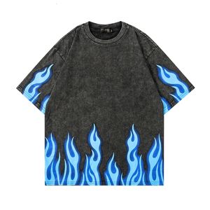T-shirt da uomo Vintage Blue Flame Print Washed Summer T-shirt manica corta da uomo Loose Casual O Neck Y2K Top Tees Streetwear T-shirt oversize 230714