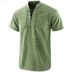 メンズTシャツプラスサイズのメンTシャツ夏新しい短袖Tシャツヴィンテージ中世のレースアップvネックルーズTシャツ男性ファッションTシャツトップL230715