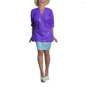 Kvinnors blusar Kvinnor Glänsande PVC Solid Casual Loose Shirts Summer Puff Half Sleeve V-Neck Overdimensionerad kvinnlig high street-knapp upp toppar