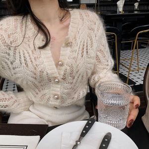 Sets Women Sweet Cardigan Gentle Mohair Hollow Out Knit Sweater Vintage Button Sexy Long Sleeve Tops Loose Coat Casual Knitwear Chic