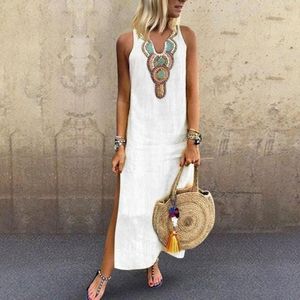 Ternos 2023 verão moda feminina longo vestido branco com decote em v sem mangas vestidos casuais feminino na moda solta praia roupas boêmias senhoras