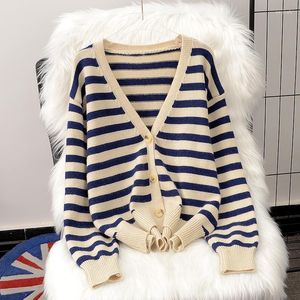 Women's Knits Lazy Sweater Coat Short V-neck Striped Soft Waxy Knitted Cardigan Loose Korean Fashion Autumn Outer Tops Knit