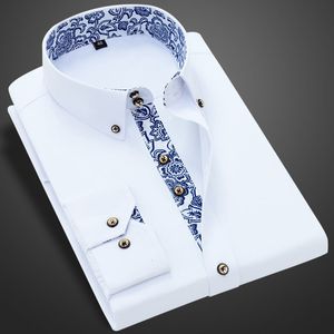 Män s t skjortor blå och vit porslin krage skjorta män långärmad koreansk slimfit casual affärsklänning skjortor fast färg vit bomull 230715