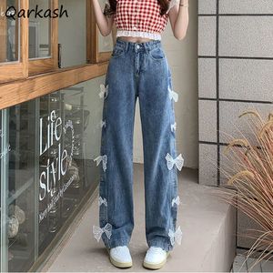 Kvinnors jeans baggy kvinnor s 4xl bow girlish wide ben byxor tonåringar hög midja koreansk mode kawaii kläder streetwear söt designer 230715