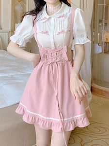 Work Dresses 2023 Summer Kawaii Clothing Pink 2 Piece Dress Set Women Causal Shirt Mini Sweet Skirt Lolita Y2k Fashion Suits