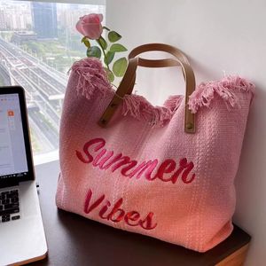 Bolsas de noite femininas de lona com borlas bolsas de ombro grande capacidade tricô tecido letras bordadas bolsas femininas verão viagem livro bolsa 230715