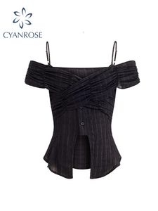 Kadınlar Tişört Siyah Gömlek Bluses Kore Harajuku Moda Zarif Vintage Y2K Kapalı Omuz Pembe Gömlek Üst Kıyafetleri Yaz 2023 230715