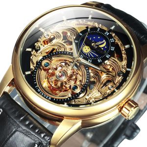 Zwycięzca kurtek klasyczny retro automatyczne zegarki mechaniczne Tourbillon szkielet męski zegarek faza oryginalna skórzana zegar paska