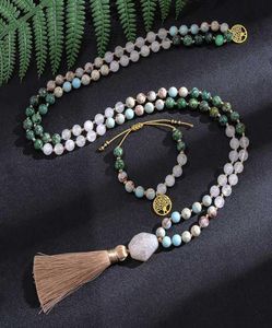 Hänghalsband 8mm vit jade afrikansk turkos kejsare jasper pärlor knutna japamala halsband meditation yogas smycken uppsättning 108 7247202