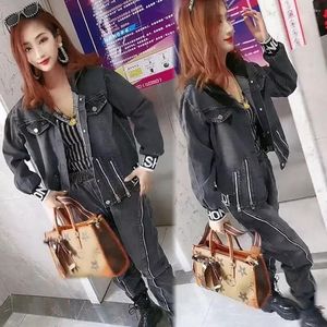 Women's Two Piece Pants Oversize Denim Jacket Elastic Waist Loose Jeans 2 Sets Womens Outifits Spring Fall Hooded Coat Set Fashion