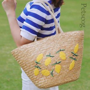 Evening Bags Large Capacity Summer Tote Bags For Women Lemon Pattern Embroidered Straw Bag Bohemian Beach Party Big Handbags Shoulder Bag 230715
