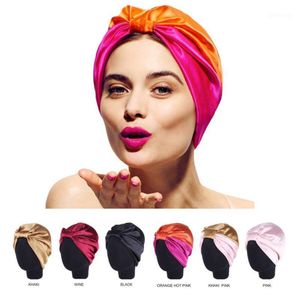 6 färger Bow Double Silk Elastic Bathing Sleep Satin Salon Bonnet For Night Hair Hat Natural Curly Hair for Women Head Wrap Cap1227h