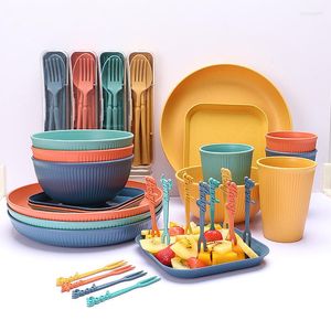 Dinnerware Sets 48 Pcs Simple Multicolor Kitchen Wheat Straw Soup Dish Plate Cup Set Student Home Portable Knife Fork Spoon Chopsticks