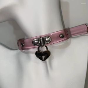 Choker Pink Leather Love Heart Lock Necklace For Women Sweet Cool Girly 90s Eesthetics Y2K Accessories Vintage Trendy Syckel