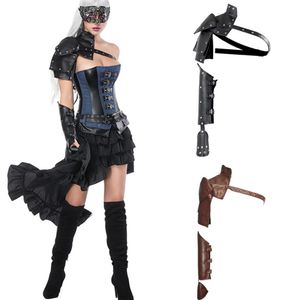 ملحقات الأزياء للجنسين 2pcs القوطية steampunk cosplay pu جلود كتف واحد الدروع الذراع حزام مجموعة المعادن القابلة للضبط sh342u