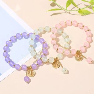 Natural Stone Pink Chalcedony Bead Lucky Charm Armband Women mode Sweet Chinese Fu Handgjorda Strand Bangles For Girl