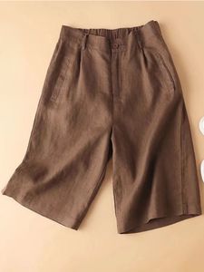 Kvinnors shorts linne sommaren casual elastisk midja vit solid grundläggande löst bred ben bomull kvinnor hög kort 230715