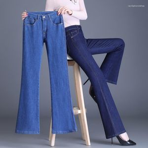 Erkek kot pantolon yüksek bel geniş bacak kadınlar sıska alevlendi Kore moda streç ince klasik stil anne denim pantolon mavi 32 34