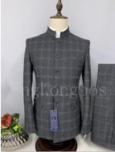 Men s Suits Blazers Custom made Chinese style standing collar Grey Plaid wedding suits men slim fit groom business casual man Blazer costume homme 230715