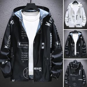 Jaquetas Masculinas Jaquetas Jaqueta com Capuz Fecho de Zíper Anti-UV Respirável à Prova de Vento Manguito Elástico Estampado com Letras Cool Coat Casaco Masculino