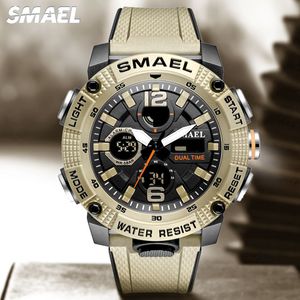 Smael Dual Time LED Ekran Erkekler İçin Dijital İzleme Suyu Yüzme Kuvars Spor Saatleri Otomatik Tarih Çalar Saat Bilek saati 8039